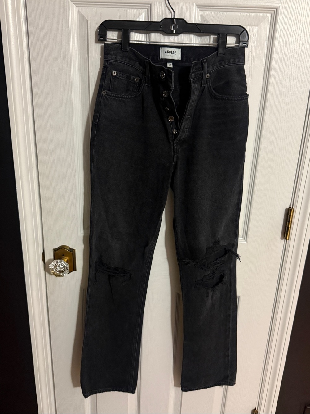 Agolde Black High-Rise Straight-Leg Jeans with Knee Distressing